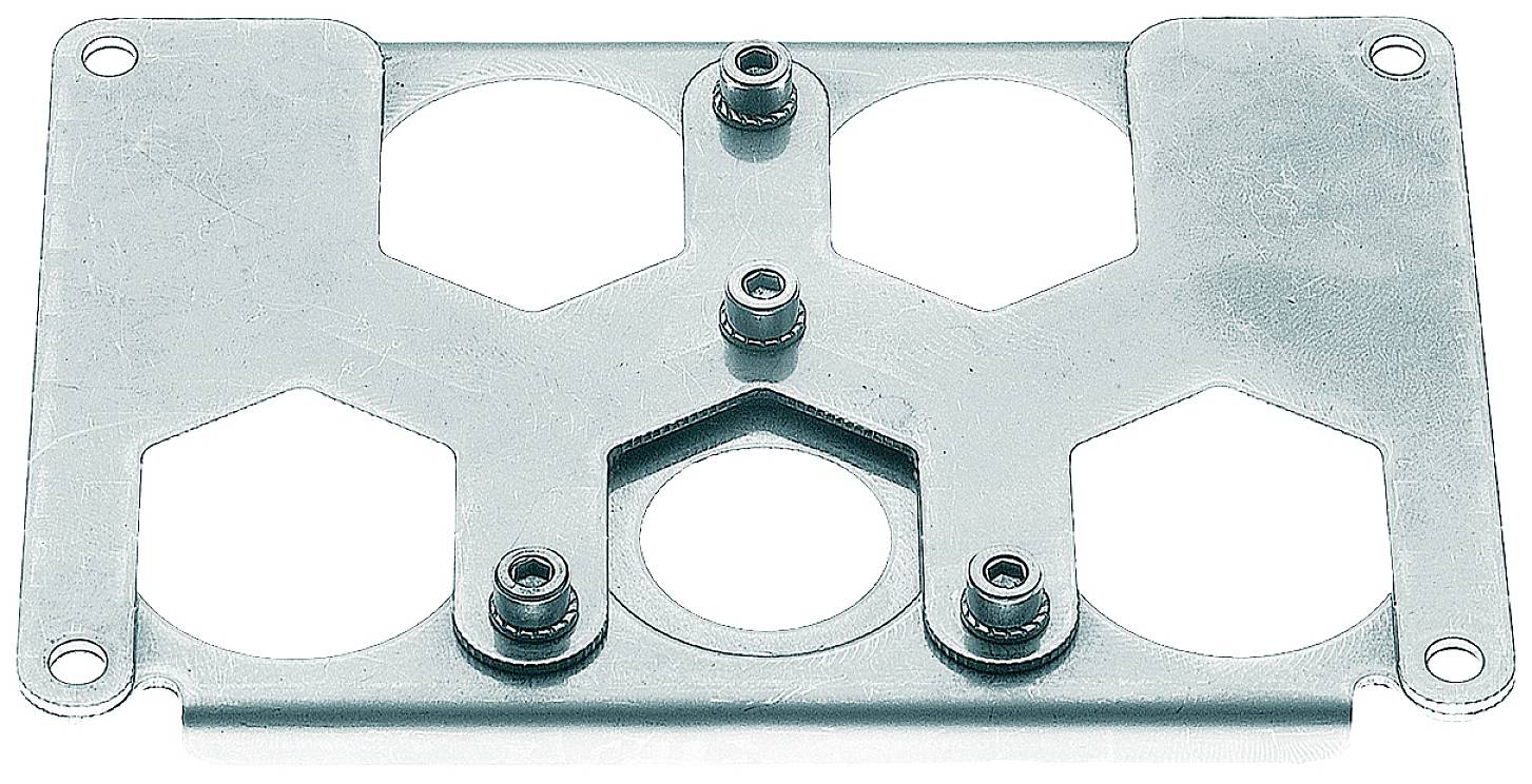 Plaque métallique percée de cinq trous de boulonnage, prévue pour la fixation de plusieurs composants.