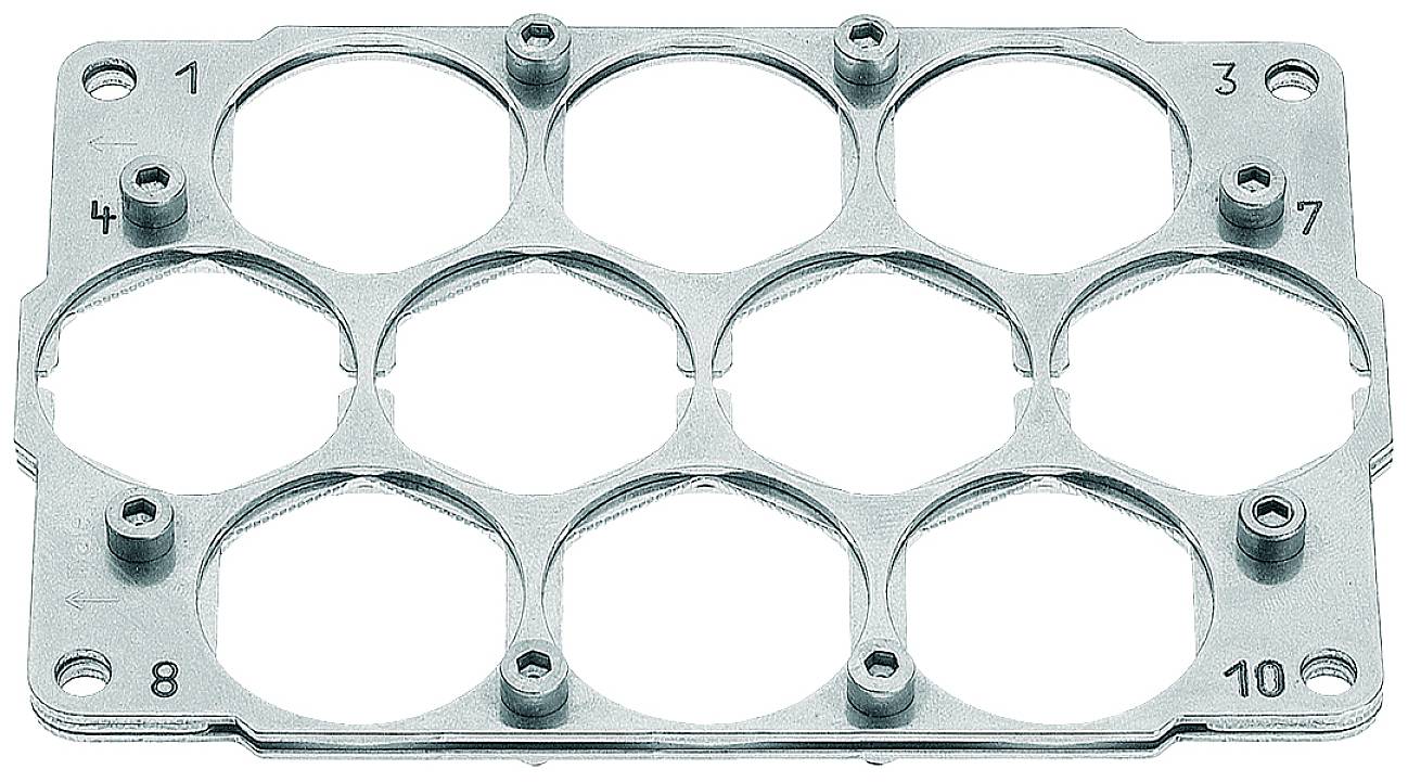 Une plaque de métal argenté avec dix ouvertures circulaires, numérotées de 1 à 10, destinée à maintenir des objets cylindriques.