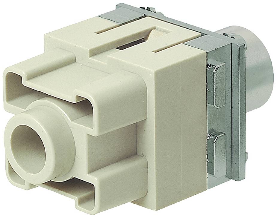 Connecteur électrique : boîtier rectangulaire blanc en plastique avec des contacts métalliques. Utilisé pour les connexions de câbles.