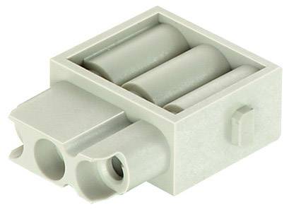 Bloc LEGO gris avec trois petits tubes horizontaux et deux connexions circulaires sur le côté gauche.