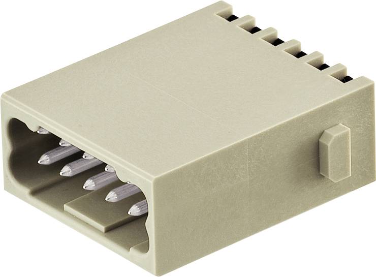 'Connecteur avec plusieurs broches argentées et un boîtier rectangulaire beige, languette de fixation latérale visible.'