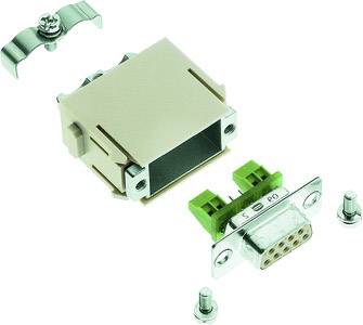 Un connecteur DB9 avec un bloc de connexion vert est représenté en pièces détachées, comprenant le boîtier, l'étrier métallique et les vis.