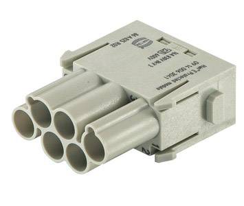 Connecteur à six pôles dans un boîtier en plastique gris.