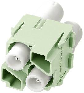 Connecteur électrique vert et blanc à trois broches, utilisé pour la connexion sécurisée des câbles dans les installations électriques.