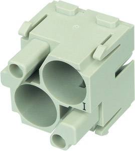 Connecteur électrique gris clair avec trois ouvertures rondes pour branchements de câbles, vu de côté.
