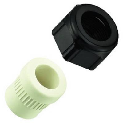 Deux raccords en plastique noir et blanc pour connexions de tuyaux, côte à côte sur un fond blanc.