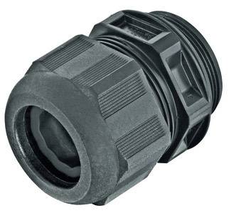 Un connecteur de câble en plastique noir avec un corps rainuré et un filetage, adapté pour la fixation et l'étanchéité des câbles.