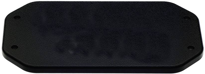 Couvercle noir rectangulaire aux angles arrondis, avec quatre fixations par vis sur les côtés.