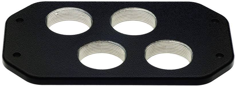 Pièce métallique noire rectangulaire aux coins arrondis, percée de quatre trous de vis répartis uniformément.