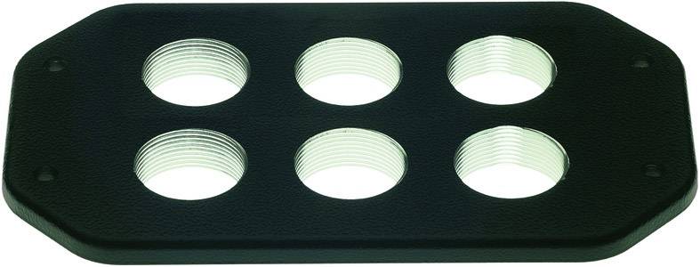 Pièce rectangulaire noire en plastique avec six trous ronds répartis de manière uniforme.