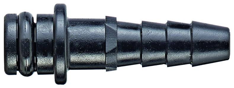 Un raccord de tuyau en plastique noir côtelé, avec une extrémité conique, adapté pour connecter des tuyaux ou des tubes.