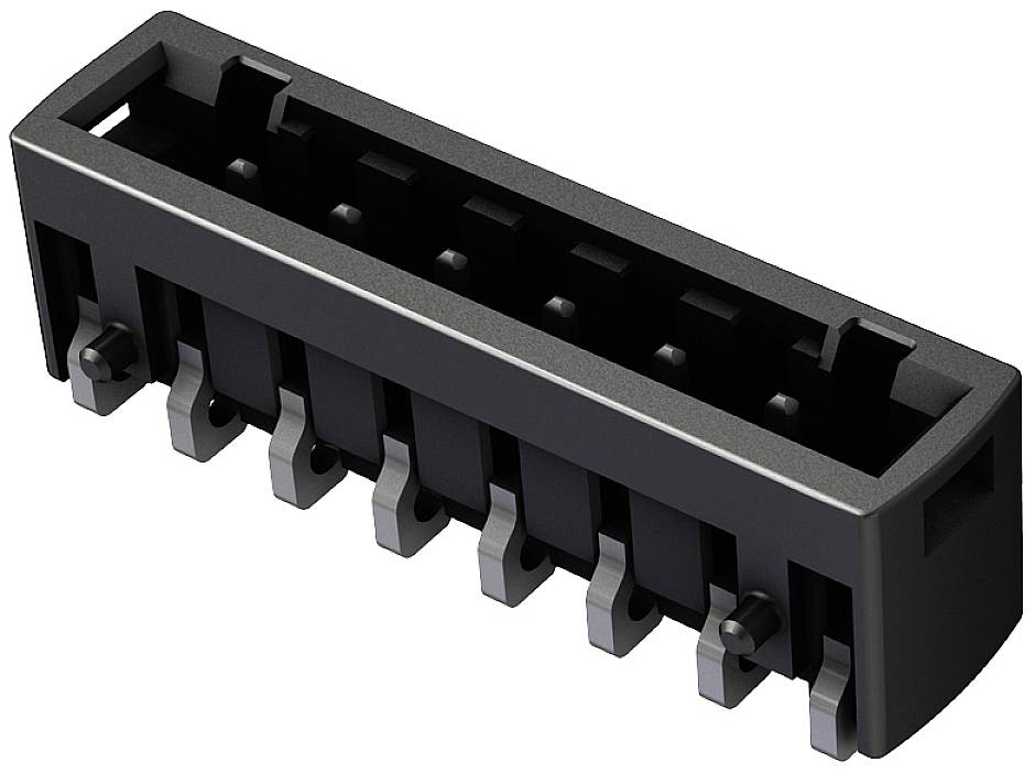 Un connecteur rectangulaire à plusieurs contacts métalliques. Boîtier noir, contacts visibles sur la face inférieure.