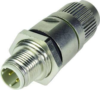 Un connecteur métallique avec boîtier fileté et connexion multipolaire, adapté aux connexions industrielles ou électroniques.