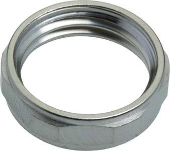 Une bague en métal argenté avec un filetage, probablement un élément d'un tuyau ou d'un raccord, sur un fond blanc.