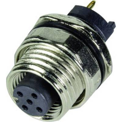 Connecteur électrique argenté avec une prise femelle à cinq broches. Une partie en plastique noir avec une broche dorée en saillie.