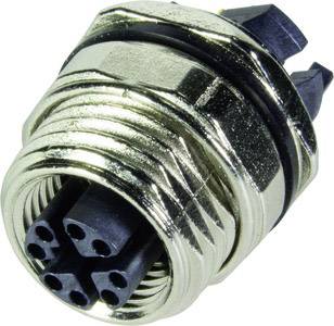 Un connecteur rond à aspect métallique avec plusieurs ouvertures de fiches noires, adapté pour des connexions électroniques.