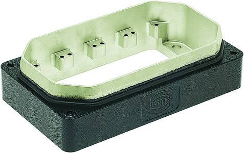 Partie inférieure de boîtier rectangulaire en noir avec la marque 'Harting', contenant des ouvertures pour des connexions électriques, bordée de vert.