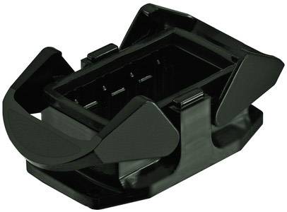 Un support rectangulaire noir en plastique avec des attaches latérales, adapté pour la fixation ou le montage d'un objet rectangulaire.