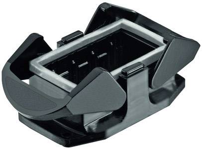 Support noir rectangulaire en plastique avec des clips latéraux, adapté pour insérer et maintenir un objet rectangulaire.