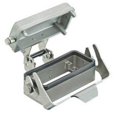 Couvercle de boîtier de connecteur rectangulaire métallique, partiellement ouvert, montrant les éléments de fixation internes et la construction robuste.