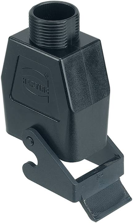 Adaptateur en plastique noir avec filetage et capuchon articulé, adapté aux connexions de câbles et de tuyaux dans des applications industrielles.