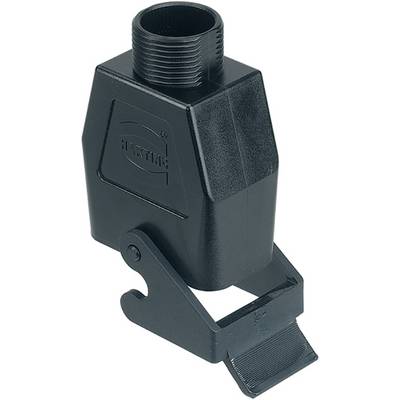 Adaptateur en plastique noir avec filetage et capuchon articulé, adapté aux connexions de câbles et de tuyaux dans des applications industrielles.
