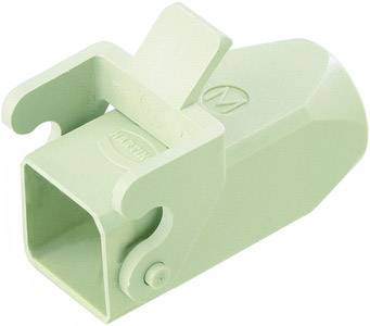 Un protecteur en plastique vert clair pour une connexion rectangulaire avec un rabat et un élément à enclenchement.