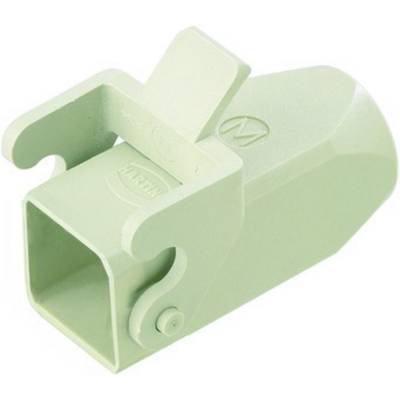 Un protecteur en plastique vert clair pour une connexion rectangulaire avec un rabat et un élément à enclenchement.