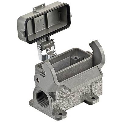 Un boîtier de connecteur rectangulaire avec couvercle ouvert, révélant son intérieur. Construction robuste, adapté aux applications industrielles.