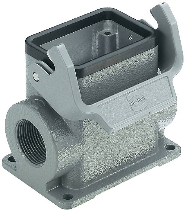 Boîtier industriel métallique avec raccordement fileté latéral et deux étriers de fermeture latéraux, adapté pour les connexions enfichables.