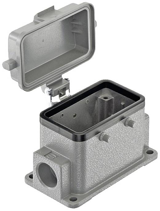 Boîtier rectangulaire gris en métal avec couvercle ouvert, montrant l'intérieur avec plusieurs points de fixation, destiné à l'installation électrique.