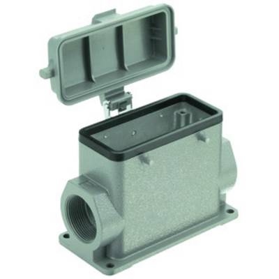 Boîtier rectangulaire gris en métal avec couvercle ouvert, révélant son intérieur. Un filetage est visible en haut à gauche.