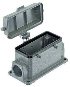 Boîtier rectangulaire gris avec couvercle ouvert, deux trous de fixation sur la face inférieure et sortie de câble sur le côté.