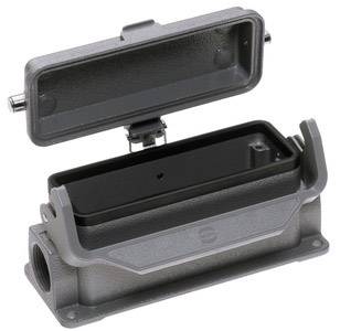 Un boîtier de connecteur rectangulaire en métal gris, ouvert avec un espace intérieur creux visible, adapté aux applications industrielles.