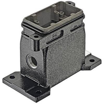 Un boîtier rectangulaire noir en métal avec plusieurs trous de fixation et une ouverture rectangulaire en haut pour l'insertion.