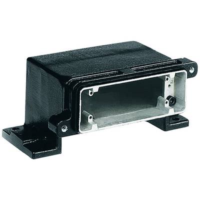 Un boîtier rectangulaire noir en métal avec une face avant ouverte et des éléments de fixation sur les côtés.