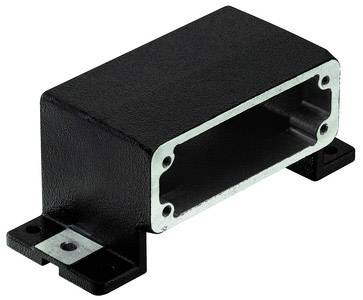 Un boîtier rectangulaire en métal laqué noir avec intérieur ouvert et bride de fixation ; pertinent pour le design industriel.