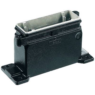 Boîtier métallique, rectangulaire, noir, avec des trous de fixation aux coins, sans connexions ou étiquettes visibles.