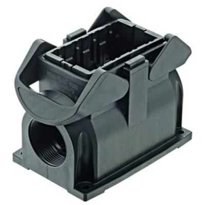 Boîtier industriel en plastique noir de forme rectangulaire, doté de plusieurs ouvertures pour connecteurs et conçu de manière robuste pour les branchements de câbles.