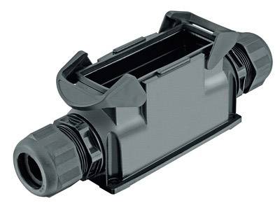 Boîte de jonction industrielle étanche noire avec presse-étoupes aux deux extrémités, adaptée pour une utilisation en extérieur.