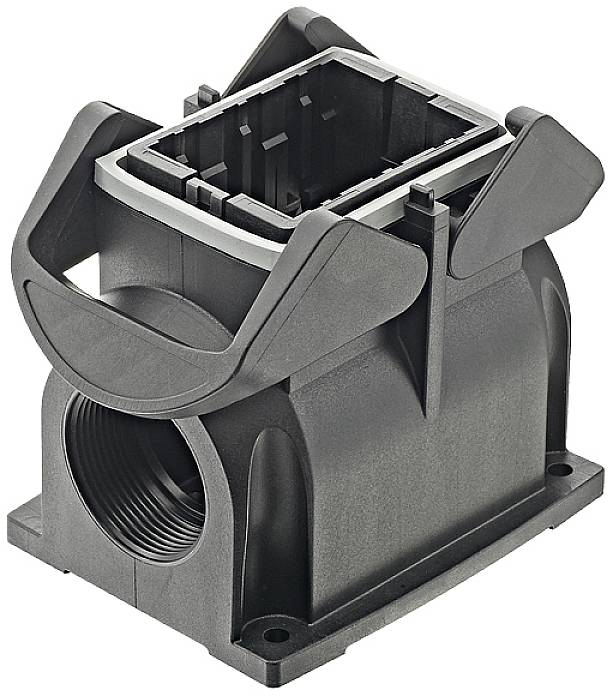 Boîtier en plastique noir avec ouverture rectangulaire en haut, adapté aux connecteurs industriels, pourvu de passages latéraux pour câbles.