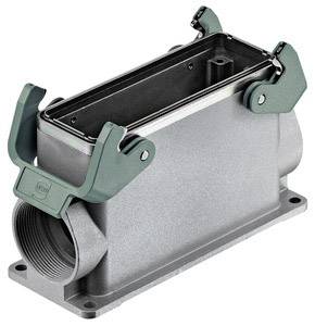 Boîtier de connecteur métallique avec mécanisme de verrouillage vert ; ouverture latérale pour câbles ; adapté aux applications industrielles.