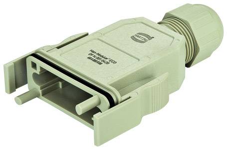 Un connecteur rectangulaire beige avec deux contacts longitudinaux et un verrouillage à vis, portant l'inscription 'HARTING HAN-ECO'.