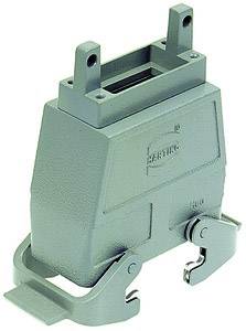 Un boîtier électronique rectangulaire gris-vert avec un logo d'entreprise distinctif et deux fermoirs à clips sur les côtés.