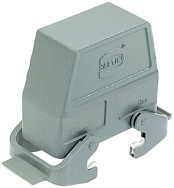 Boîtier de connecteur électrique gris-vert avec verrouillages à levier, logo estampé et surface texturée.