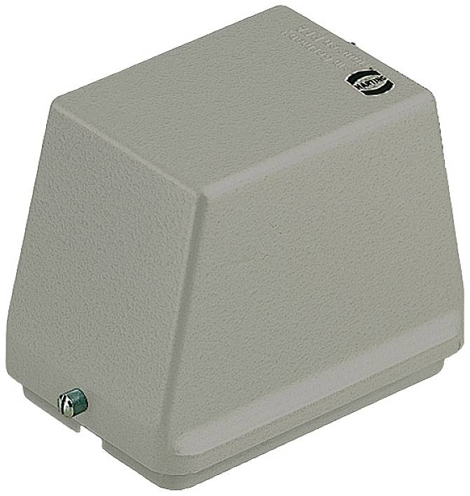 Boîtier en plastique gris de forme trapézoïdale avec fermeture et vis visible à la base, utilisé pour protéger des composants électriques.
