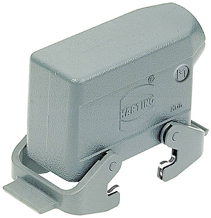 Un connecteur électrique dans un boîtier gris, muni de deux clips métalliques sur sa face inférieure.