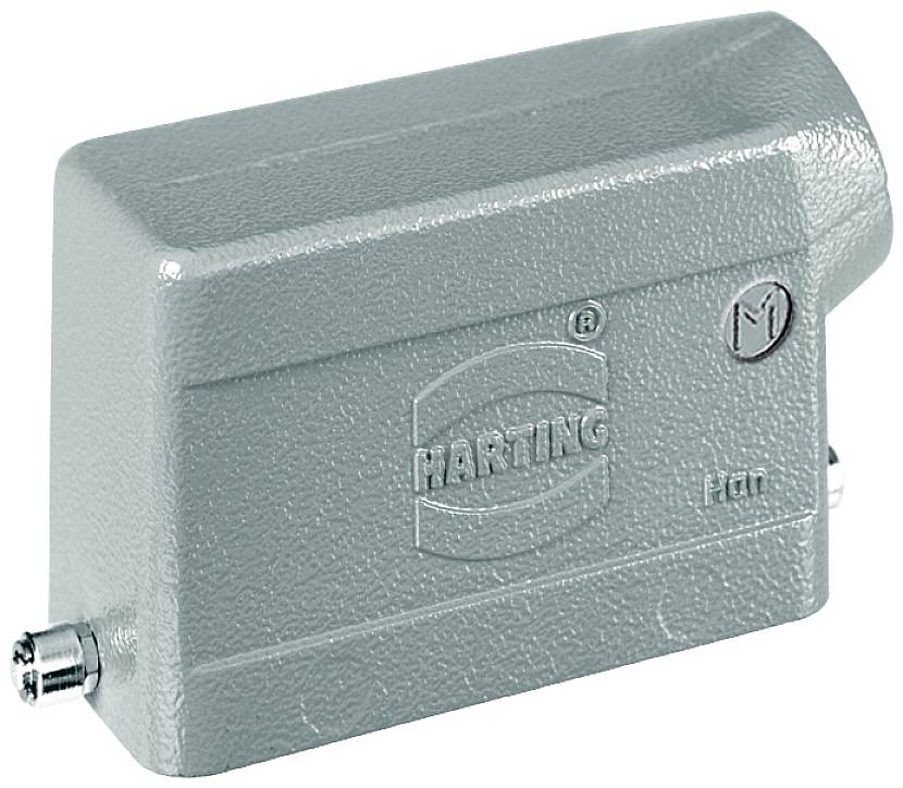 Boîtier en plastique gris rectangulaire aux bords biseautés. Inscription 'HARTING' visible avec un cercle et un logo M.
