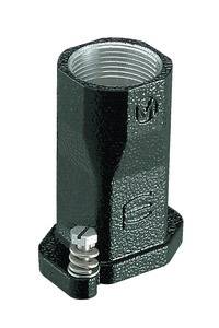 Pièce métallique noire à six pans, avec filetage intérieur et ressort à la base, couramment utilisée dans des applications mécaniques ou industrielles.