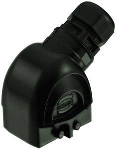 Un adaptateur de protection de câble noir à angle droit, adapté aux applications industrielles.